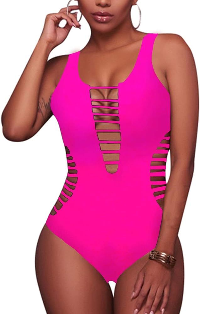 Women Sexy One Piece Swimsuits Plunge Deep V Neck Cutout Bathing Suits | Amazon (US)