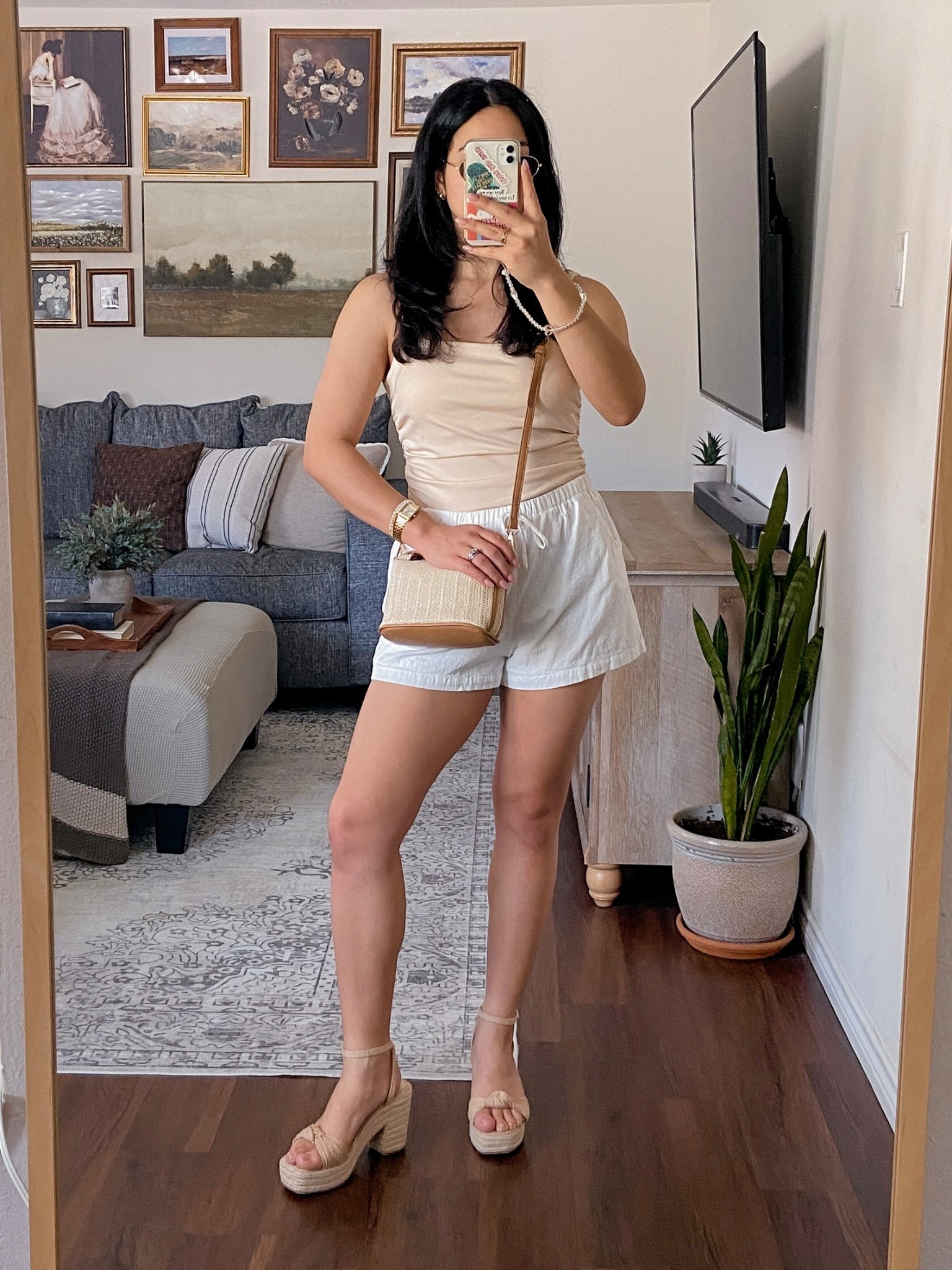 neutral hues, summer muse 👡☀️👝 wearing this top in a size medium and it fits true to size. wearing the shorts in a size large for an oversized fit and they fit true to size. accessorized this neutral base with neutral accessories for a light neutral summer outfit. 

🏷️: neutral summer outfit, light neutral outfit, beige summer style, summer neutral looks, casual chic outfit, summer outfit ideas 2025 

#LTKSeasonal #LTKU #LTKStyleTip