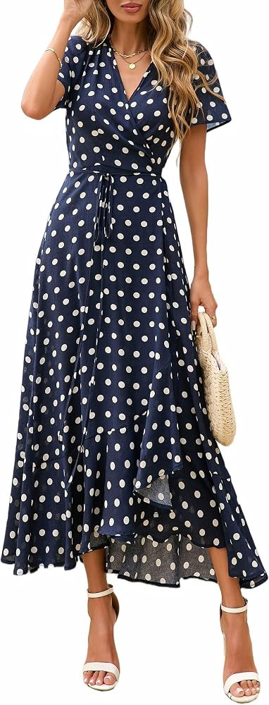 PRETTYGARDEN Women's Boho Floral Maxi Dress Summer Short Sleeve Wrap V Neck Long Flowy Beach Vaca... | Amazon (US)