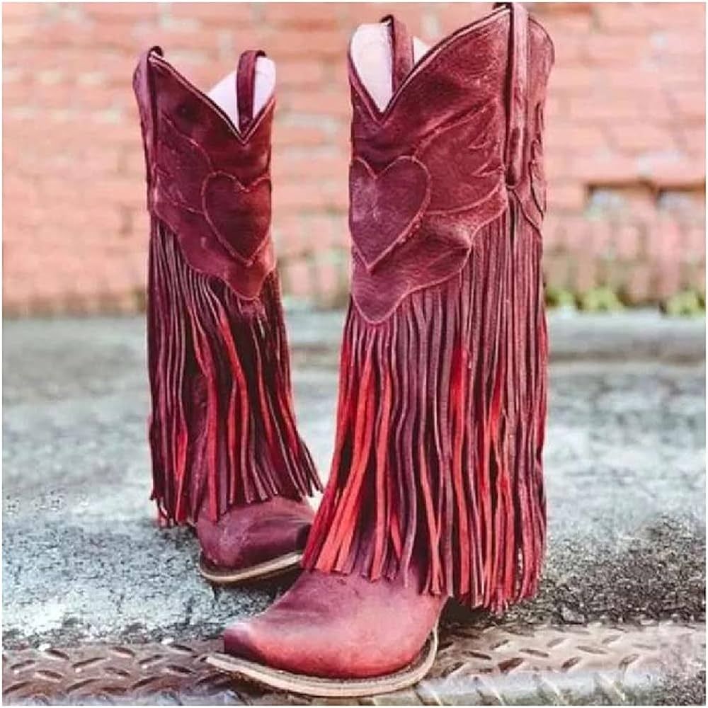 Women's High Boots Western Cowboy Style Fringed Boots Thick Heel Vintage Long Boots Riding Knight... | Amazon (US)