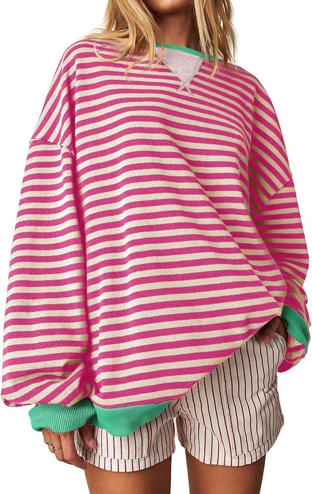 Fisoew Womens Striped Oversized Sweatshirt Color Block Crew Neck Long Sleeve Shirt Casual Loose P... | Amazon (US)