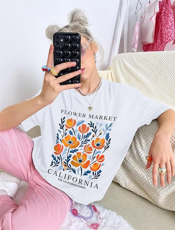 California Poppy Shirt Flower Boho Aesthetic Floral Shirts for Women Vintage Graphic Tees Wildflo... | Amazon (US)