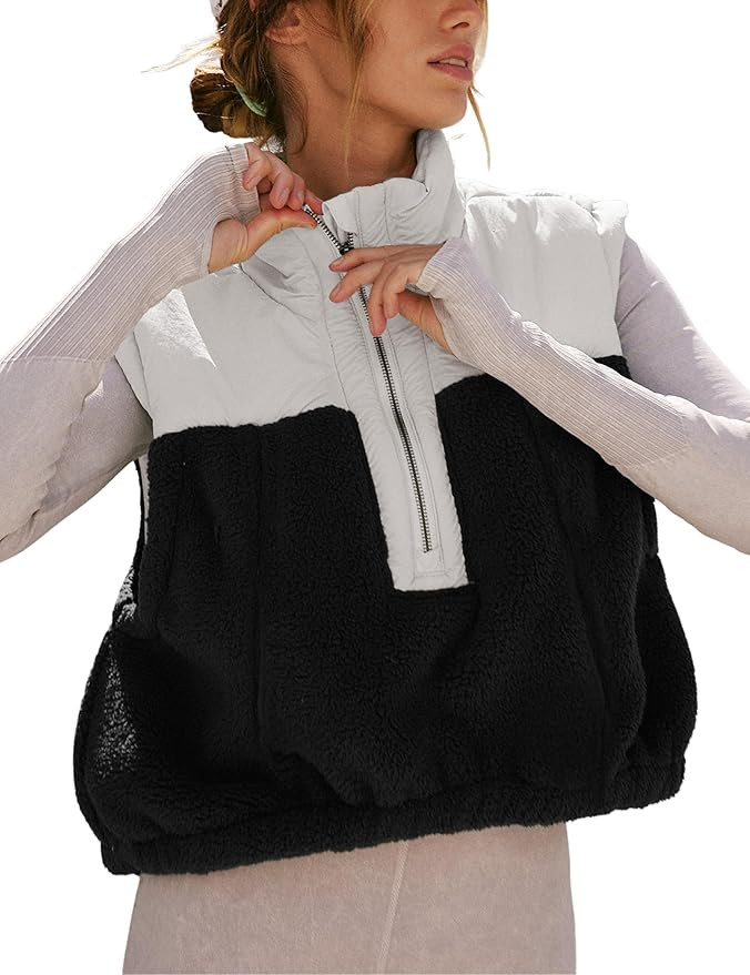 Yeokou Women Fleece Sherpa Vest Cropped Half Zip Sleeveless Warm Fuzzy Contrast Color Outwear Ves... | Amazon (US)
