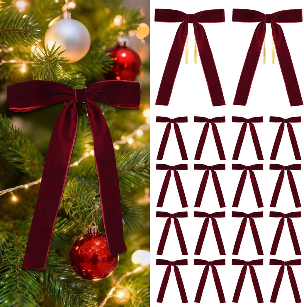 18 Pcs Burgundy Velvet Bows for Christmas Tree – Burgundy Velvet Christmas Tree Bows, Holiday Decorations for Garland Wreath Bow (5 * 7", 1" Wide) | Amazon (US)