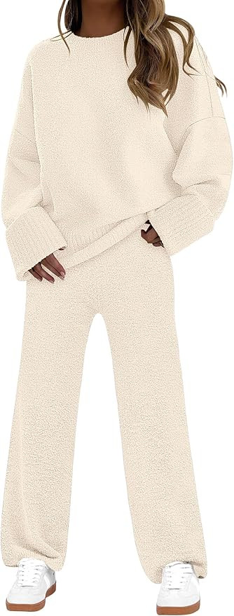 ANRABESS Womens Pajama Sets Fuzzy Fleece 2 Piece Long Sleeve Sweater Knit Top Wide Leg Pants Loun... | Amazon (US)