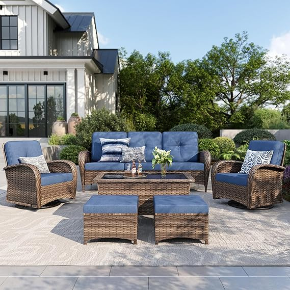 PHI VILLA Patio Furniture Set, 6 Pieces Wicker Outdoor Conversation Set with 2 High Back Patio Sw... | Amazon (US)
