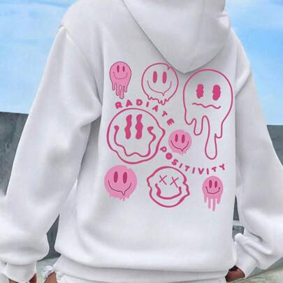 Women's Hooded Sweatshirt, Sports Style, Fun Smiling Face Pattern. Suitable For Gatherings, Sports, Outdoor Leisure And Other Occasions, Winter Women' | SHEIN