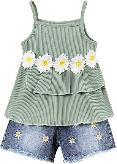 oklady Toddler Girl Clothes Ruffle Daisy Sleeveless Tank Tops and Denim Shorts Girls Summer Outfi... | Amazon (US)