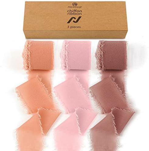 Handmade Fringe Chiffon Silk Ribbon Gauze 1.5" x 7 Yard Beige & Pink Frayed Edges Ribbons Set for... | Amazon (US)