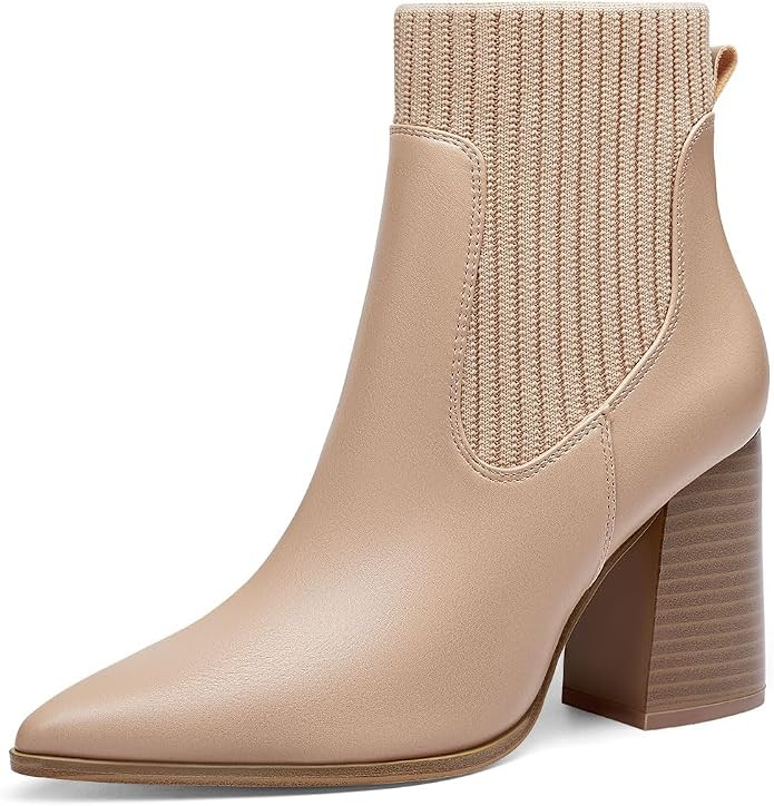 Coutgo Women Ankle Boots Sock Booties Pointed Toe Chunky Stacked High Heel Knit Chelsea Winter Dr... | Amazon (US)