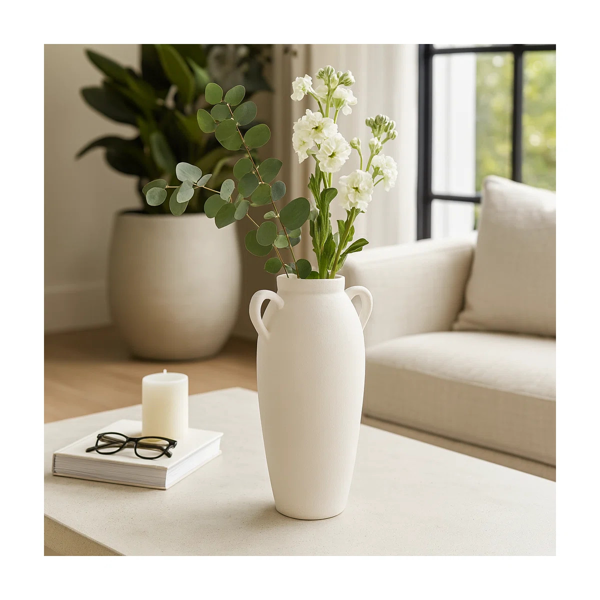 Textured Table Vase Jar With Two Handles for Home Decor - Ceramic Tall Flower Vase for Tabletops ... | Wayfair North America