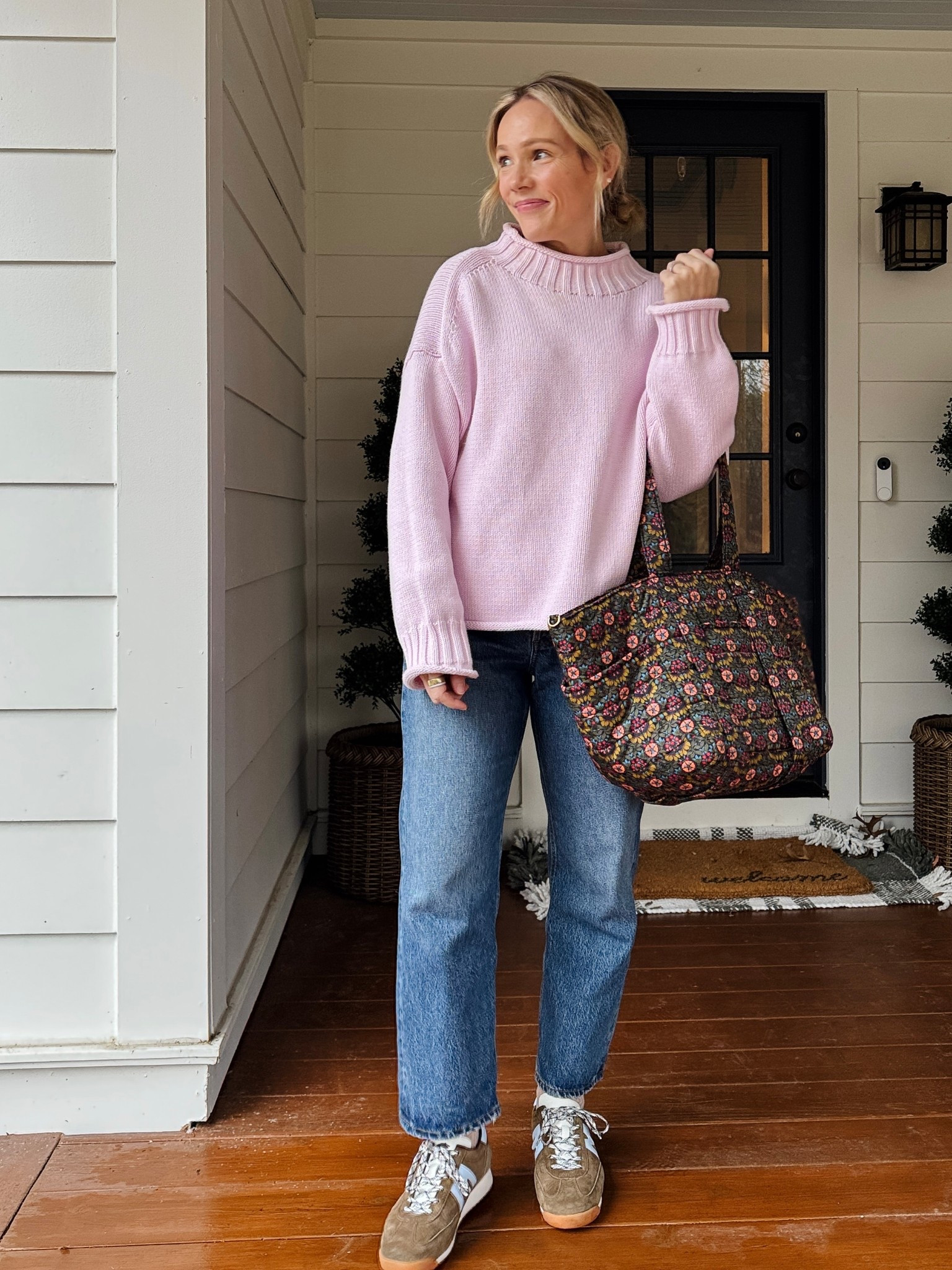 Agolde 90's crop denim jeans wearing my regular size (5'3), wash is essence ~ J.Crew rollneck sweater & Kule stripe tee wearing my regular size small ~ Clare V Le Sportif Tote bag (more colors) ~ Anthropologie x Karhu sneakers ~ neutral socks ~ EBY high waisted underwear sized up to medium ~ merit flush balm on cheeks lips in color LeBonBon ~ xo, Claire

#LTKOver40 #LTKootd #LTKPetite