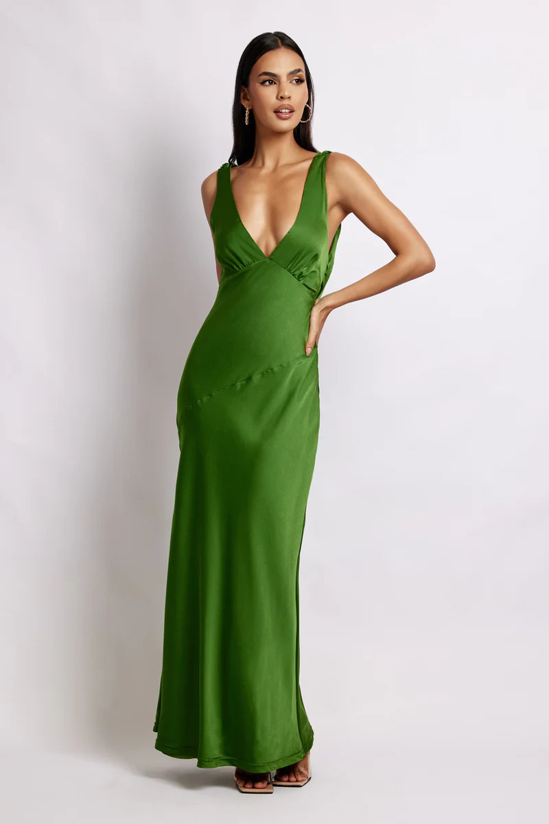 Nadia Maxi Satin Dress With Back Cowl - Emerald | MESHKI US
