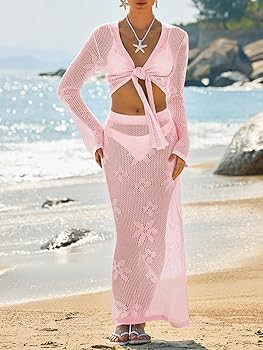 Saodimallsu Womens Crochet Swim Cover Up 2 Piece V Neck Long Sleeve Wrap Tie Crop Tops Beach Boho... | Amazon (US)
