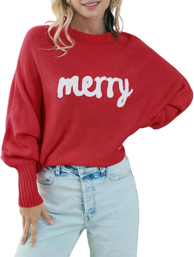 Womens Merry Christmas Sweaters Long Batwing Sleeve Sweater Loose Fit Pullover Top Sweaters | Amazon (US)