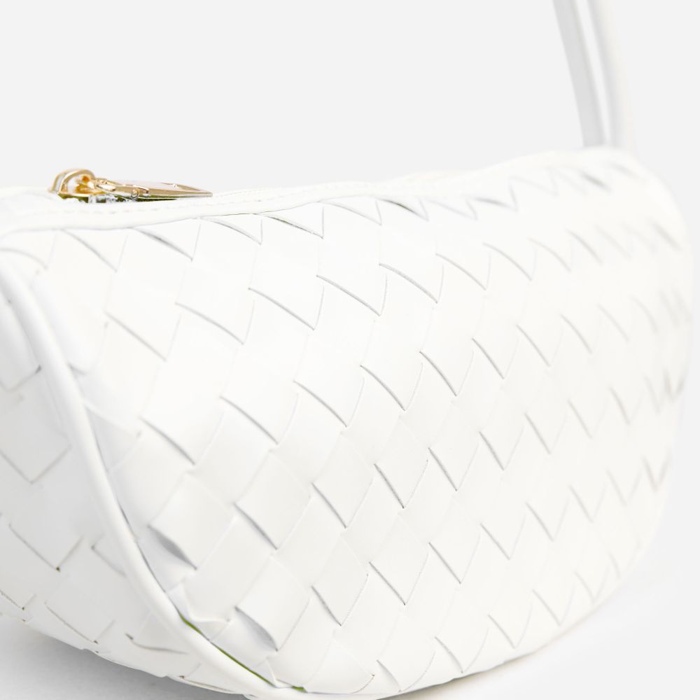 Ariel Woven Detail Half Moon Shaped Shoulder Bag In White Faux Leather | Ego Shoes (UK)