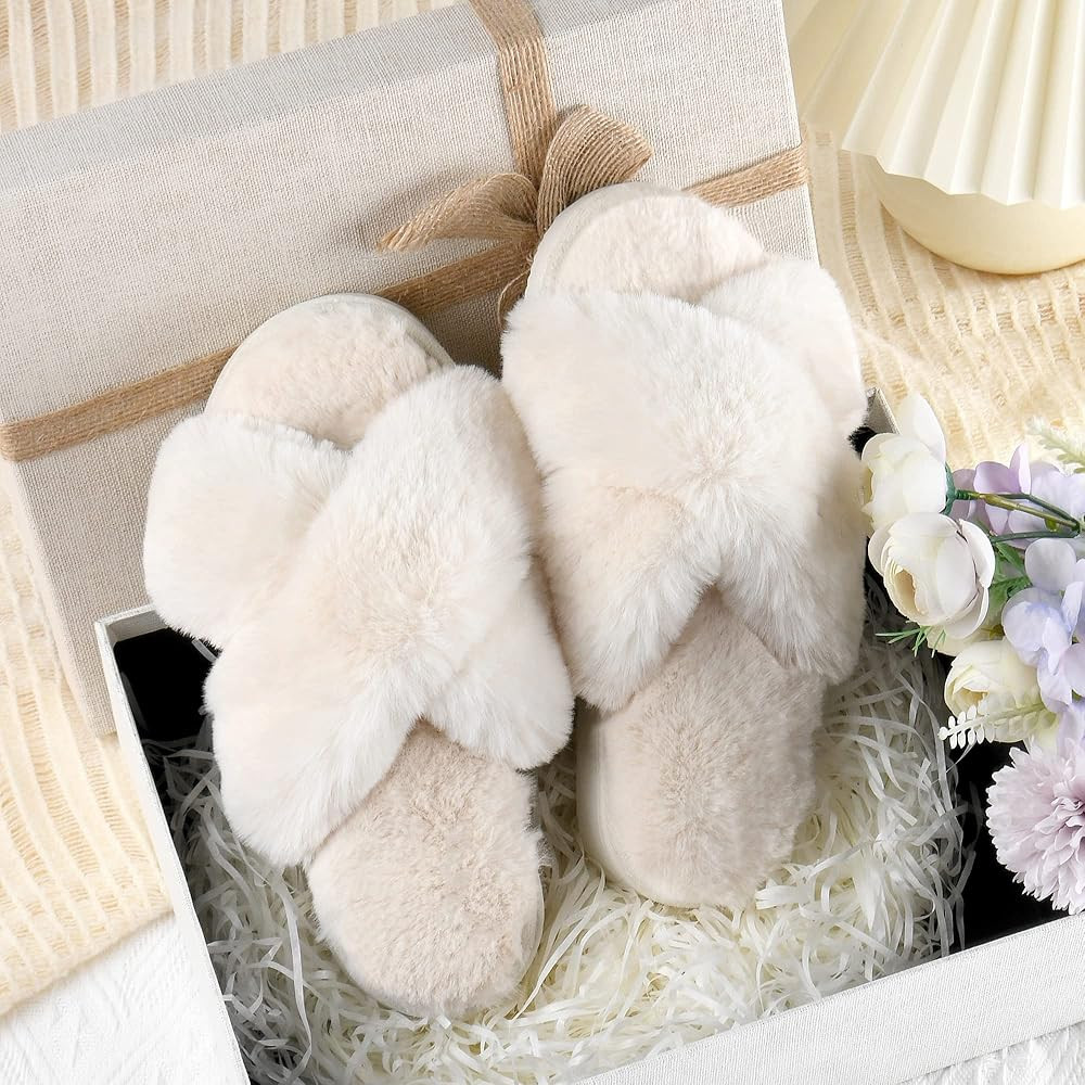 Halendik Women-Cross-Band-Slippers Fluffy House Shoes Soft Plush Furry Fur Open Toe Cozy Memory Foam | Amazon (US)