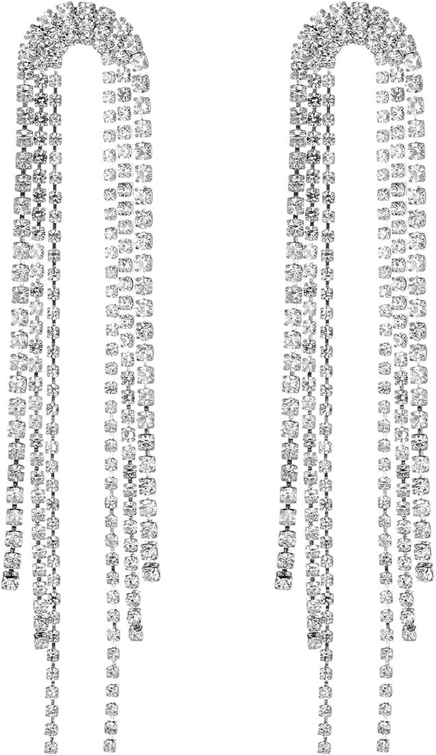 KISZU Long Sparkle Rhinestone Earring for Women Girls Silver Chain Cubic Zirconia Crystal Tassels... | Amazon (US)