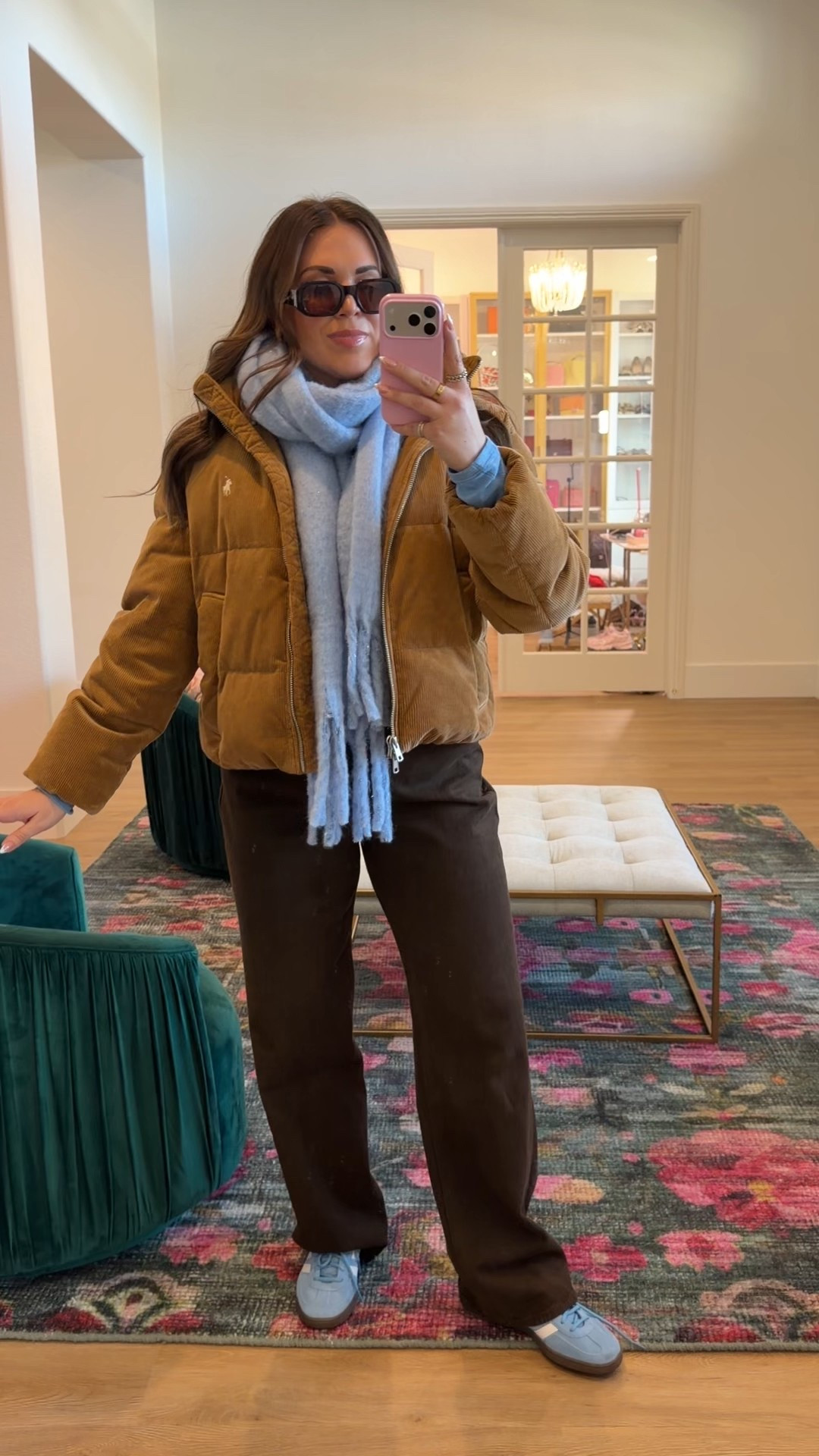 curvy midsize ice blue color trend outfits! wearing size 12 in blue top, size large in puffer corduroy jacket, and size 30 in chocolate brown denim  🩵🤎 

#LTKMidsize #LTKFindsUnder100 #LTKSeasonal