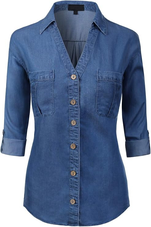 MixMatchy Women's V Neck Tencel Denim Chambray Button Down Shirt | Amazon (US)