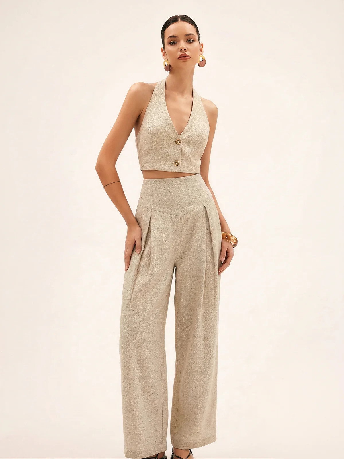 Linen Blend Halter Crop Top & Pants Set | Commense