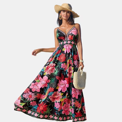 Cupshe Women's Vibrant Floral Print Maxi Dress for Beach Getaways-XL-Black | Target