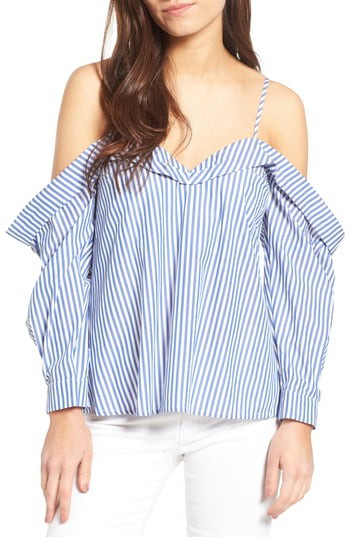 Women's Bardot Paloma Cotton Off The Shoulder Top, Size X-Small - Blue | Nordstrom