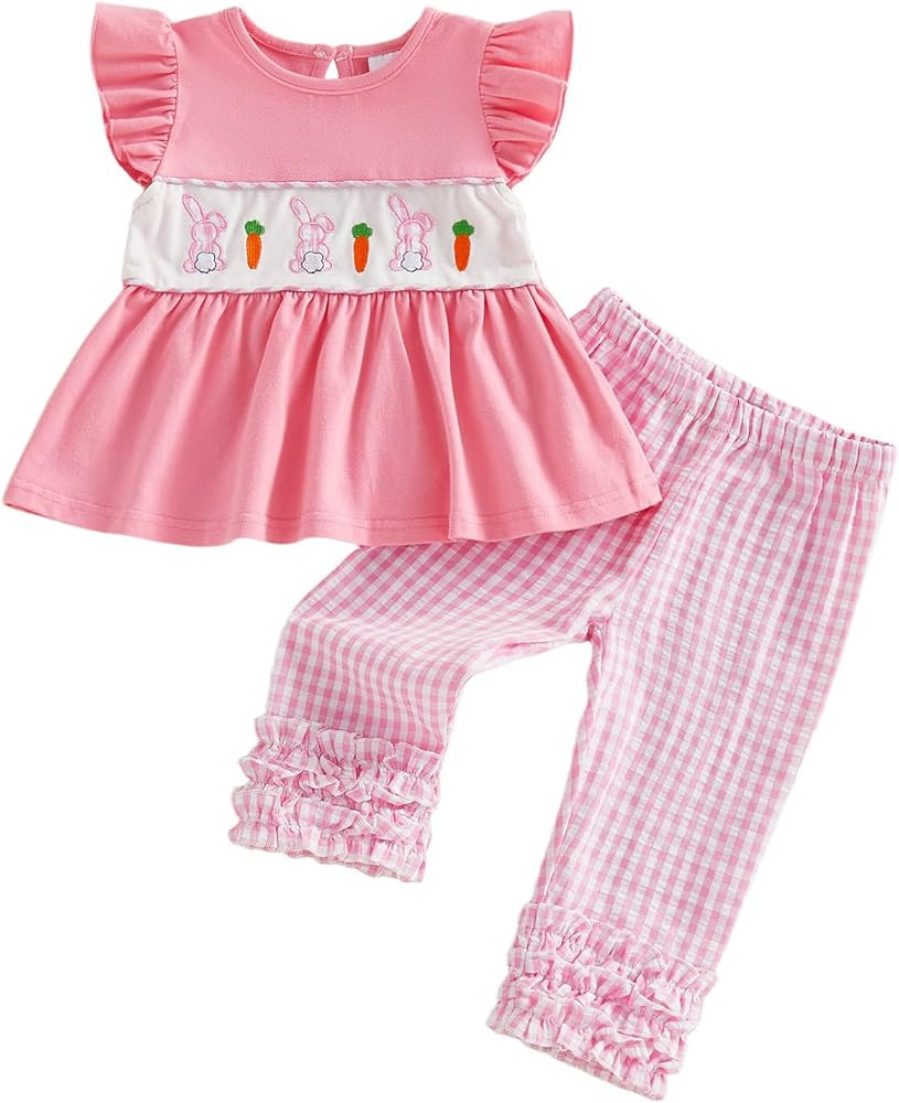 Toddler Girl Easter Outfit Embroidery Ruffle Flutter Sleeve Tunic Dress Top Plaid Ruffle Pants 2 ... | Amazon (US)