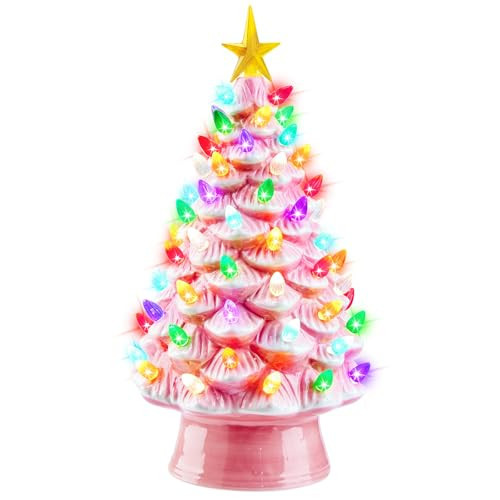 13 Inch Ceramic Christmas Tree, Pre-lit Tabletop Christmas Tree with Multicolored LED Lights and Star, Battery Operated Valentine's Day Lighted Ceramic Tree for Home Table Holiday Decorations | Amazon (US)
