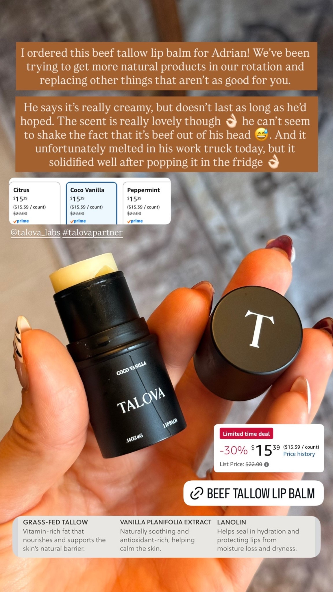 I ordered this beef tallow lip balm for Adrian! We’ve been trying to get more natural products in our rotation and replacing other things that aren’t as good for you.

He says it’s really creamy, but doesn’t last as long as he’d hoped. The scent is really lovely though 👌🏻 he can’t seem to shake the fact that it’s beef out of his head 😅. And it unfortunately melted in his work truck today, but it solidified well after popping it in the fridge 👌🏻

#LTKselfcare #LTKBeauty #LTKMens