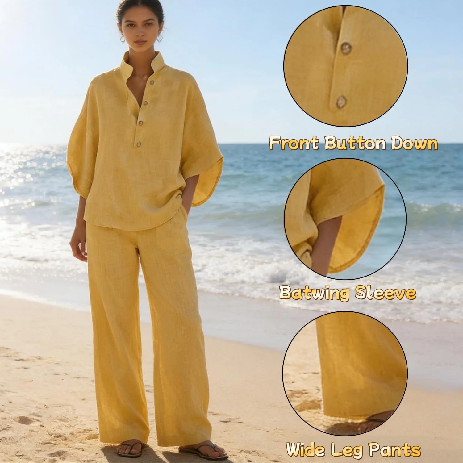 Women’s Batwing Sleeve Linen Cotton Two-Piece Set – Casual Shirt & Wide Leg Pants Outfit, Sum... | Walmart (US)