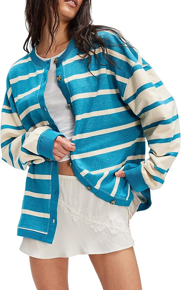 Women's Striped Cardigan Long Sleeve Oversized Sweatshirt Color Block Casual Crew Neck Y2K Shirts... | Amazon (US)