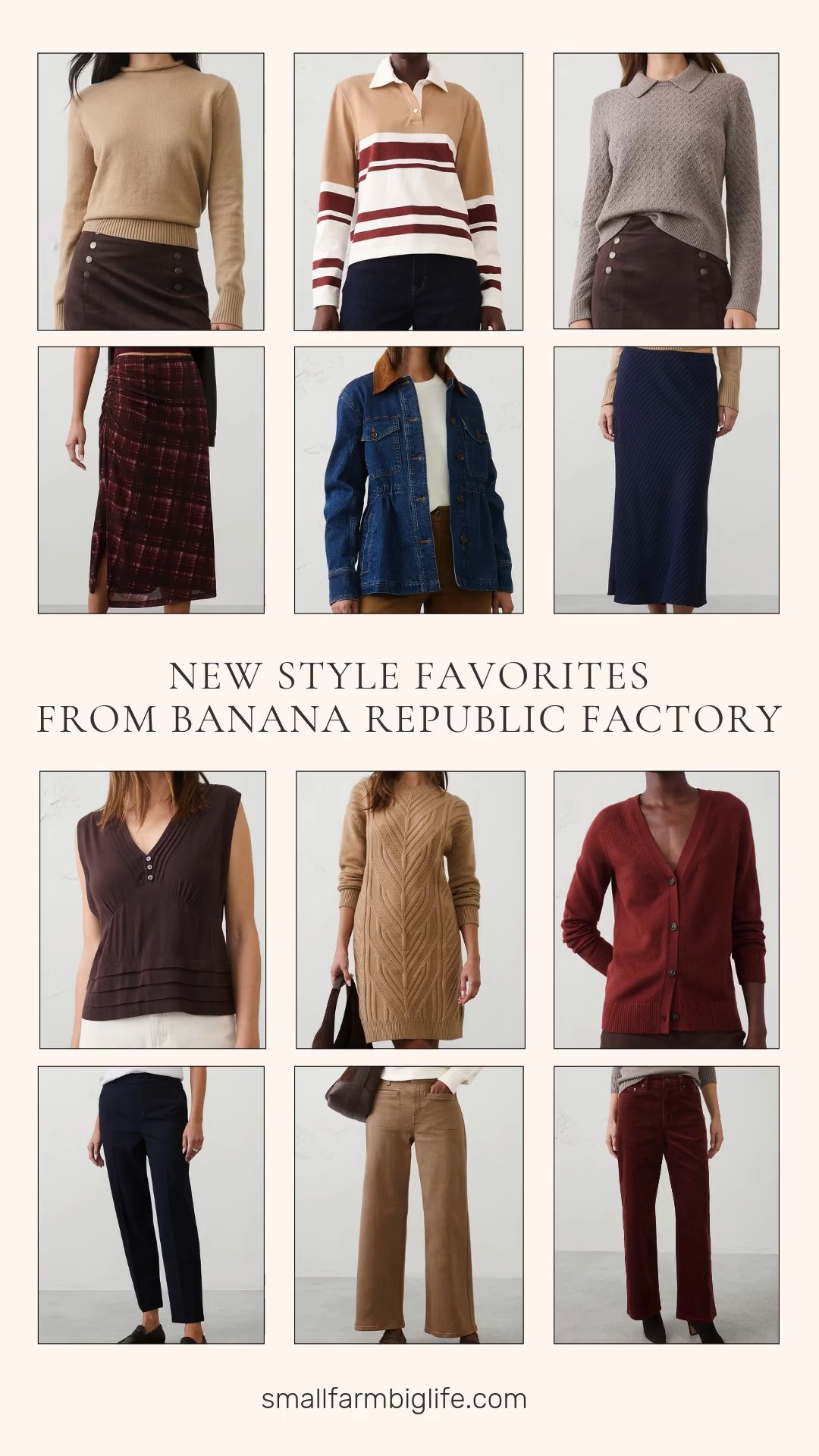 🍂 New Style Favorites From Banana Republic Factory

Banana Republic Factory has everything 50% off right now, and these new fall arrivals in camel, brown, wine, and deep brick are classic pieces you'll wear for years. Start with cozy fall sweaters: a new camel roll mock neck that's perfectly soft, a brown heather boucle sweater with a collar neck, and a deep brick cardigan for easy layering. The camel heather cable knit mini sweater dress looks great with tall boots, and the tan, wine, and cream striped rugby shirt adds a preppy touch. For bottoms, choose earth brown high rise wide leg jeans with patch pockets, deep brick straight leg corduroy pants, navy sculpted stretch tapered pants, a wine red plaid midi skirt with shirred sides, or a navy pinstripe pull on midi skirt. Top it all off with a dark wash denim jacket with a flannel lining and a brown collar, or dress it up with a dark chocolate pleated swing top. These rich fall colors make polished fall outfits for women over 50 that work for the office, weekends, and Thanksgiving dinner. At half off, it's the perfect time for a fall fashion haul.

#bananarepublicfactory #brfactory #fallfashion #falloutfits #fallsweaters #preppystyle 

 #LTKootd #LTKOver40 #LTKSaleAlert