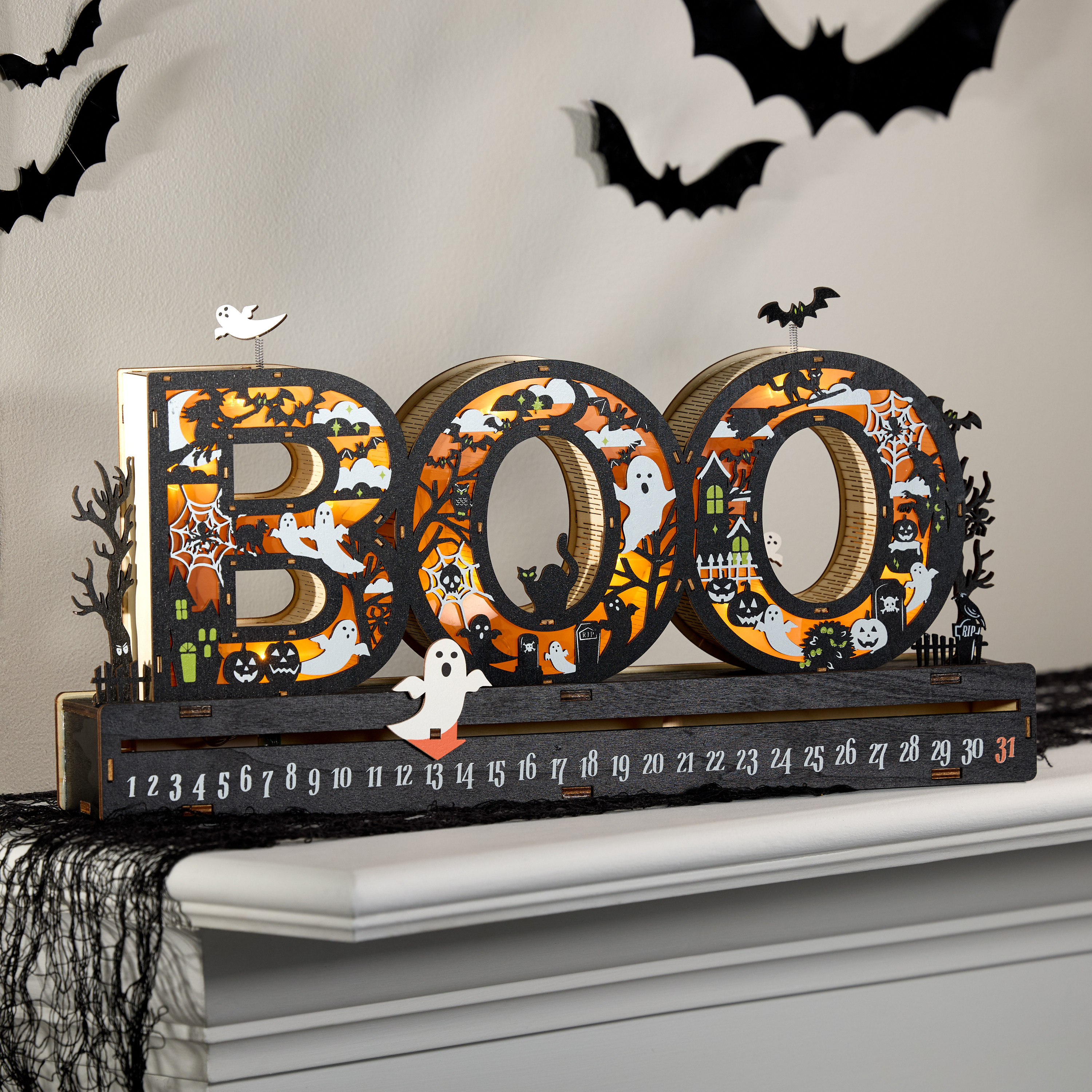 Laser Cut Wood Boo Halloween Countdown LED Light Up Decor | World Market