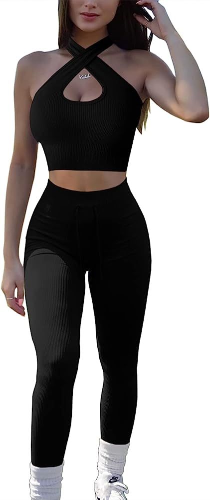 QINSEN Workout Sets for Women 2 Piece Seamless Ribbed High Waist Legging with Spor Bra GMY Exercise  | Amazon (US)