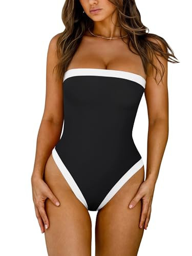 Black Swim Suits for Women 2026 Beach Wear Sexy One Piece Swimsuit Color Block Bandeau Strapless Padded Full Coverage Vacation Outfits Buit in Bra(Black Medium) | Amazon (US)