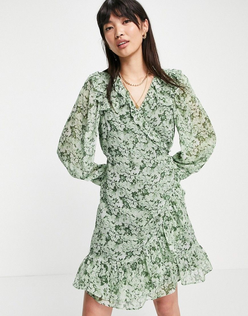 & Other Stories puff sleeve mini wrap dress in green floral | ASOS (Global)