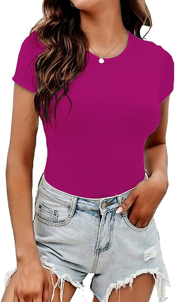 LINMON Women's Round Collar Short Sleeve/Long Sleeve Bodysuit Stretchy Jumpsuit Tops | Amazon (US)