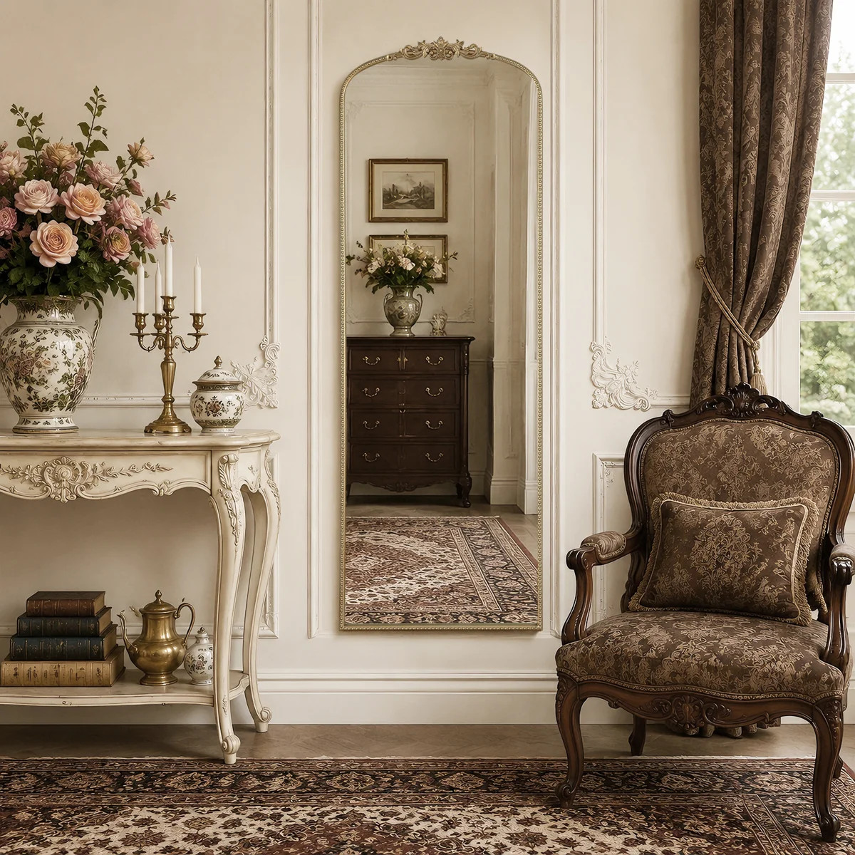 Antique Floor Mirror with Ornate Frame – Arched Vintage Full Length Mirror | Wayfair North America