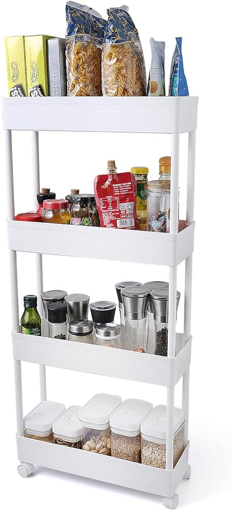 Dinkich 4 Tier Slim Storage Cart, Kitchen Mobile Shelving Unit Organizer, Rolling Cart with Locka... | Amazon (US)