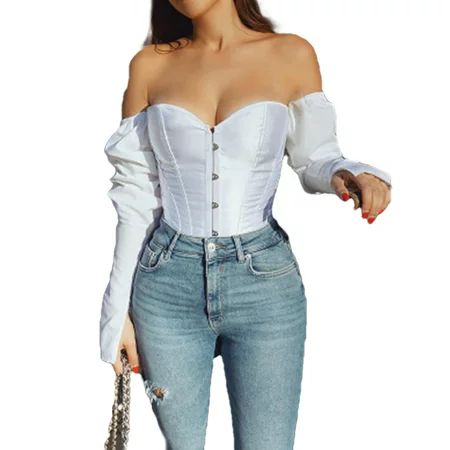 Women Off Shoulder Bustiers Corsets Shirt Blouse Long Sleeve Push Up Slim Crop Tops Clubwear Party O | Walmart (US)