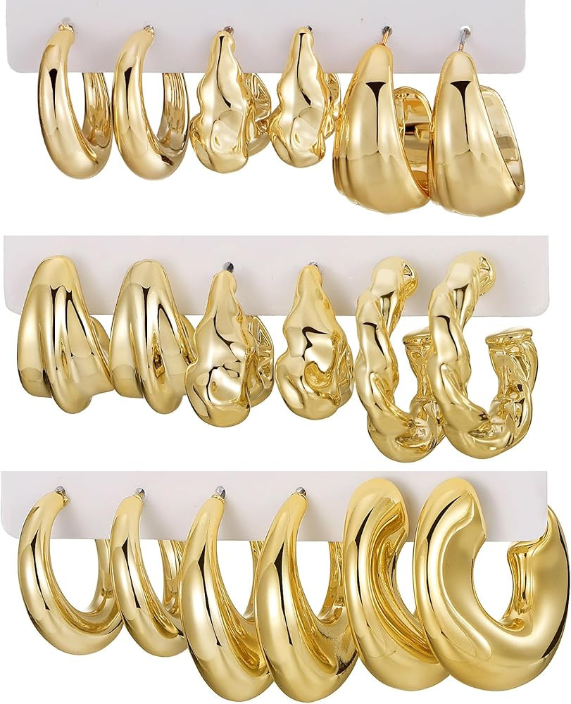 IFKM 24 Pairs Gold Hoop Earrings Set for Women Hypoallergenic Chunky Chain Twisted Open Hoops Dan... | Amazon (US)
