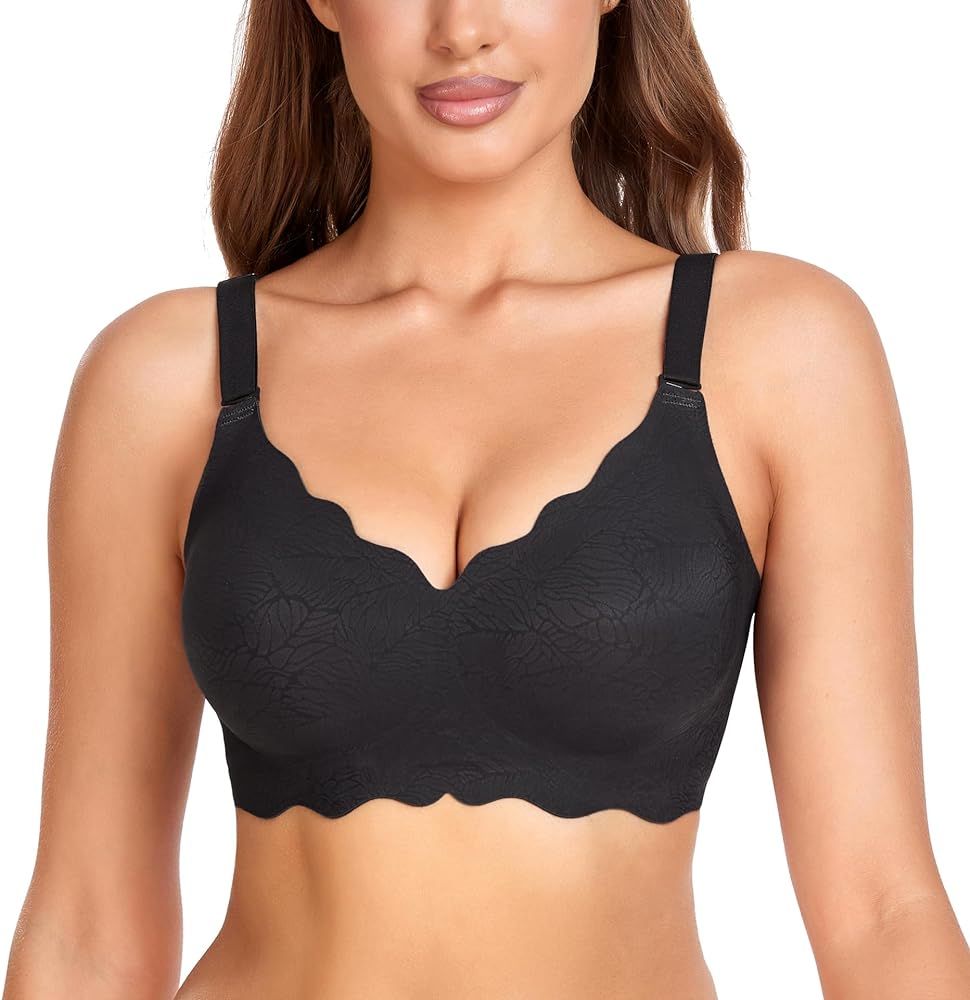 Scalloped Bras for Women No Underwire Wireless Bralettes for Women with Support Adjustable Cross ... | Amazon (US)