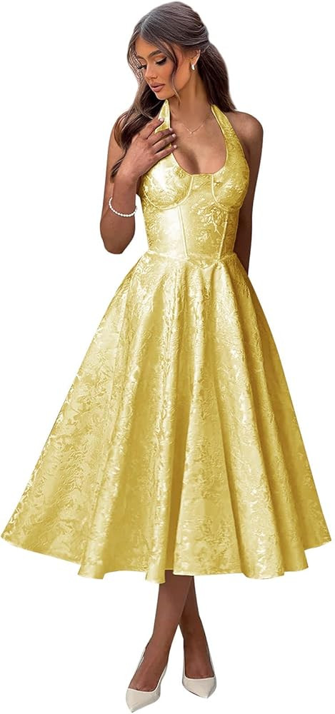 GUKARLEED Women’s Halter Floral Satin Prom Dresses Long Embroidery Formal Dress Tea Length Cock... | Amazon (US)