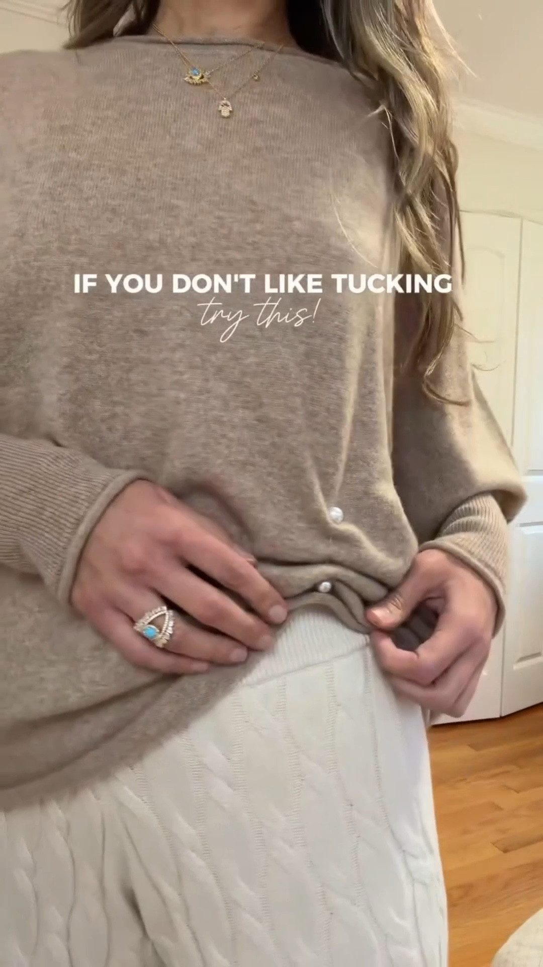 If you don’t like tucking, try this 🥰
It helps with proportions without exposing your stomach.
I use this pin for so many things scarves, hats, everything.

Wearing sz S in cashmere Quince sweater
use my discount code INFG-25JUSTGLOW01110
for 10% off your first purchase

Knit cotton cashmere pants are sz XS - size down



#LTKootd #LTKgrwm #LTKOver40