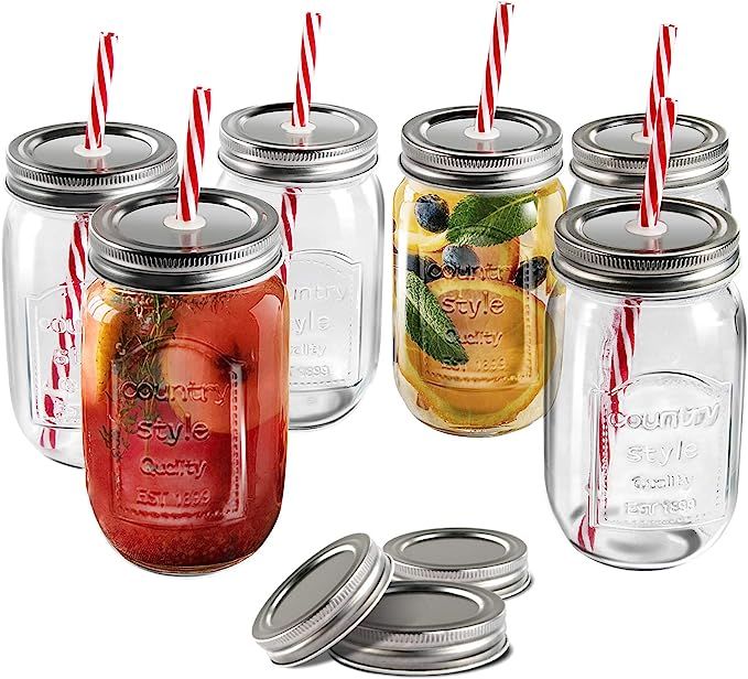 Mastertop 6 Pcs 16oZ Mason Drinking Jars with Lids 100% Recycled Glass Bottles and Drinking Straw... | Amazon (US)