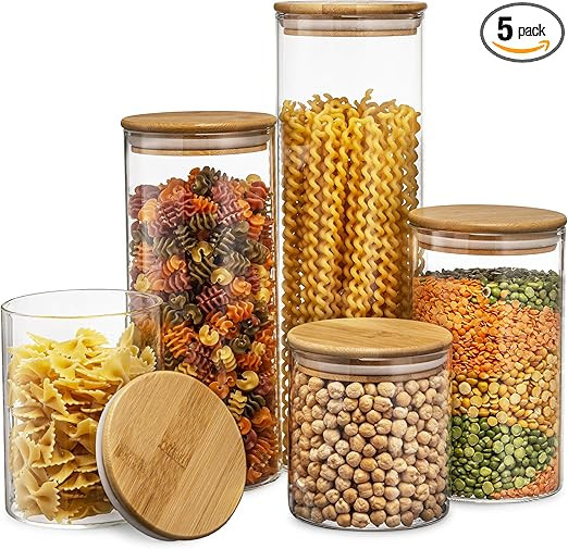 Canister Set of 5, Glass Kitchen Canisters with Airtight Bamboo Lid, Glass Storage Jars for Kitch... | Amazon (US)