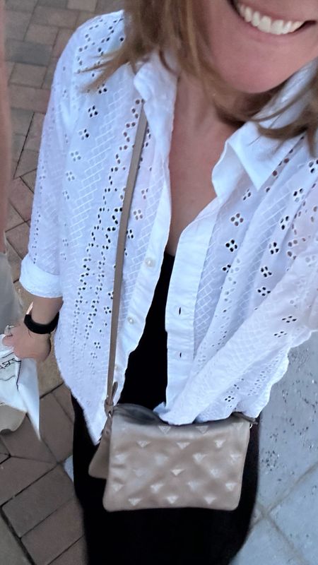 Dinner out in a black maxi dress and white eyelet/ embroidered oversized, button up from A&F, wearing an old Stella and Dot cross body bag.

#LTKover40