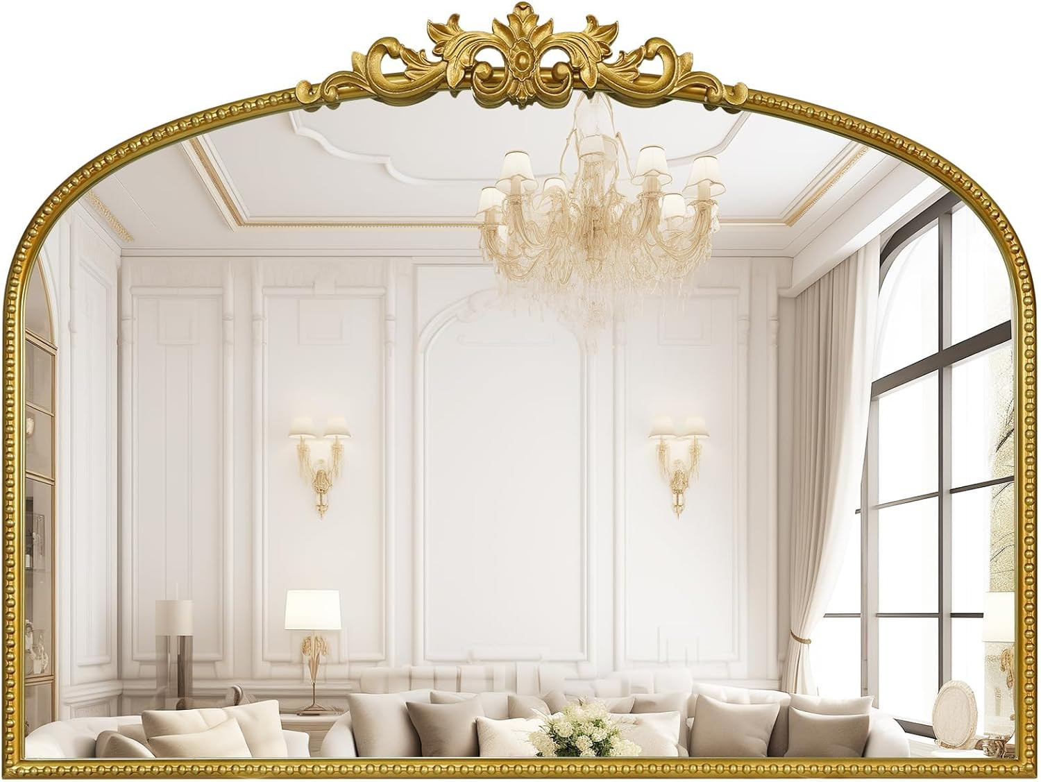 Gold Vintage Mirror for Vanity 32x24 Inch, Gold Antique Mirror with Ornate Frame, Arched Vintage Wall for Bathroom, Living Room, Fireplace, Entryway | Amazon (US)