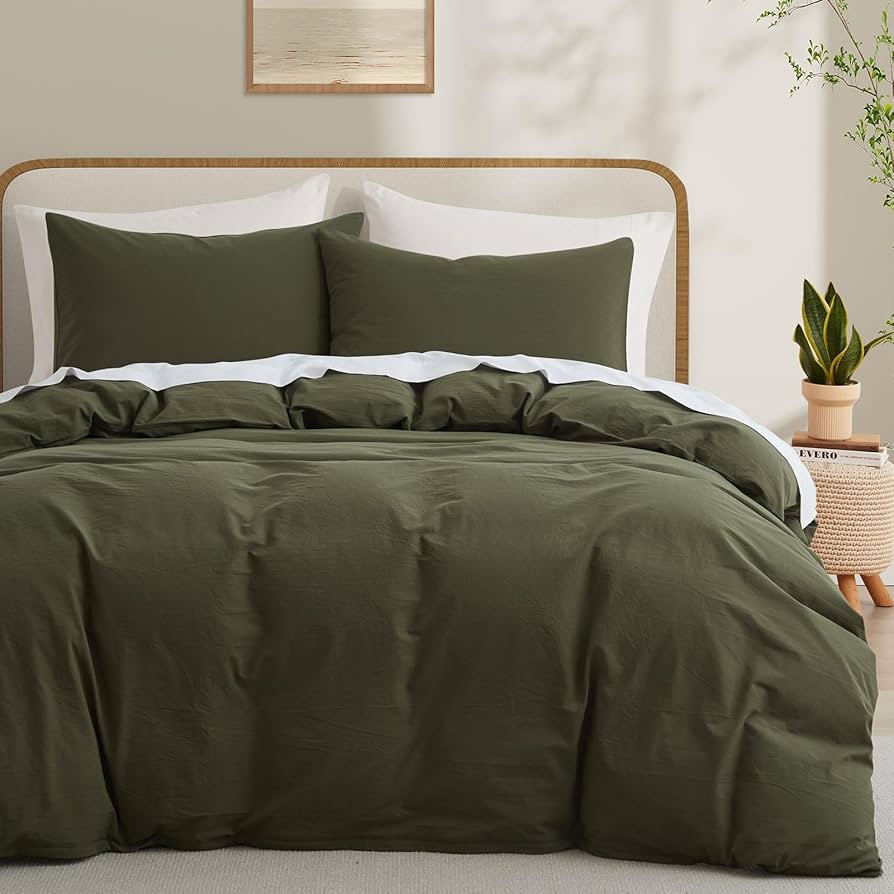 LOVQUE Olive Green Cotton Duvet Cover Twin Size, Linen Like Natural Bedding Set with Zipper Closu... | Amazon (US)